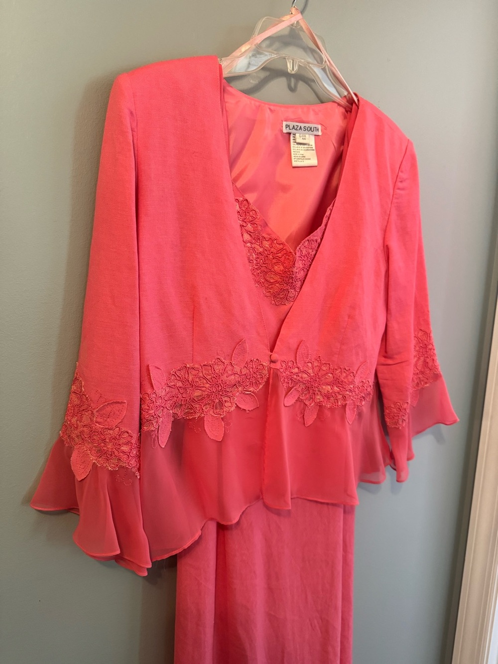 Vintage Plaza South Melon Pink Floral Lace Two-Piece Dress Set Size 12